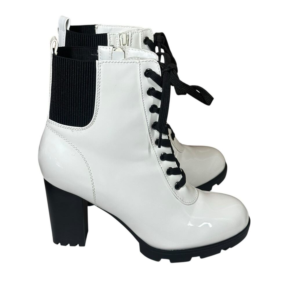Rouge Helium Pilate White Patent Black Lace Up Heeled Combat Boots Womens 10